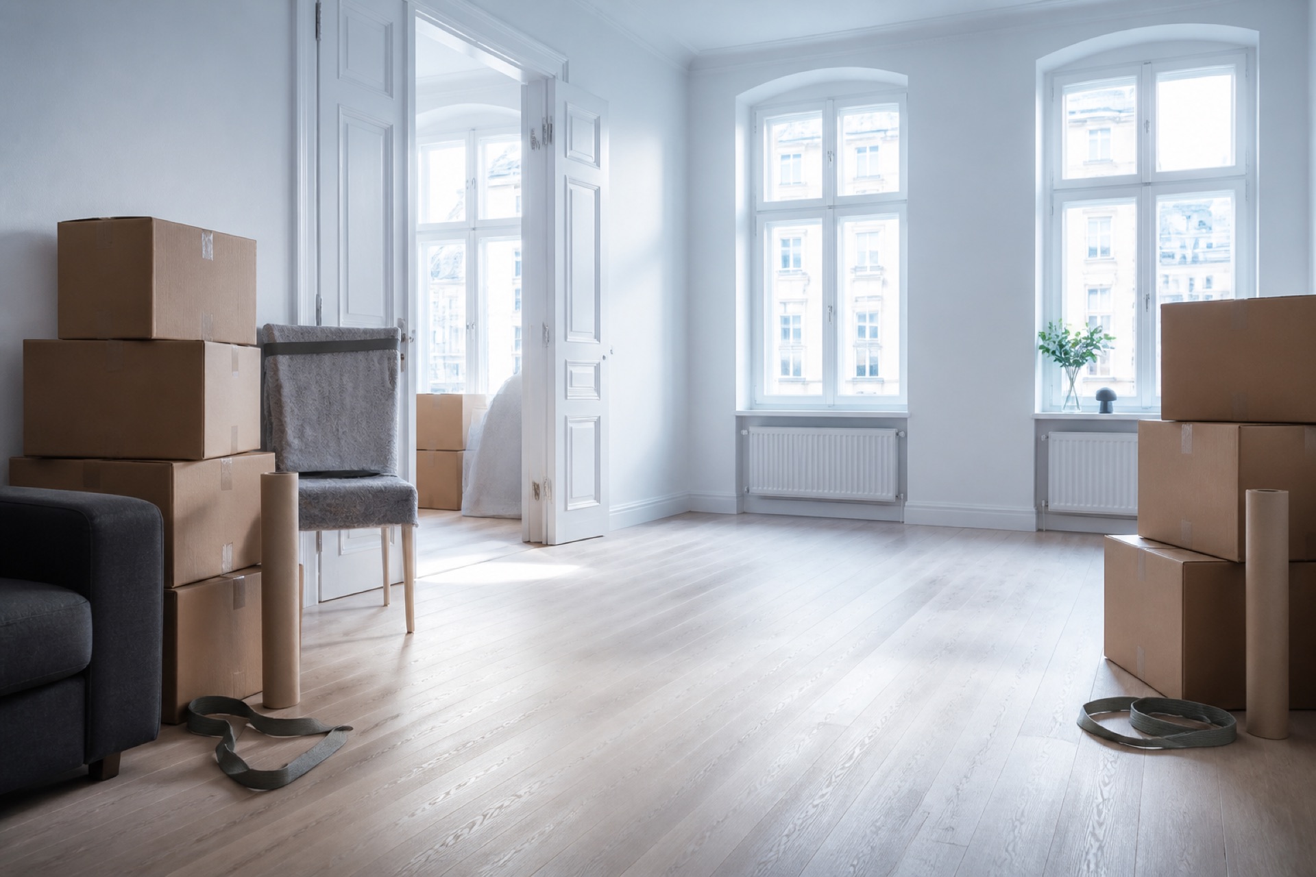 Gestapelte Umzugskartons und verpackte Möbel in einer hellen Wohnung in Wolfsburg